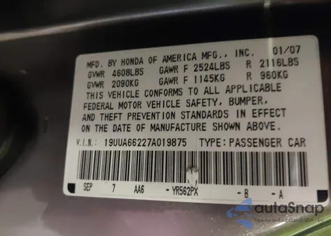 2007 Acura Tl 3.2 z USA, uszkodzony, nr VIN 19UUA66227A019875